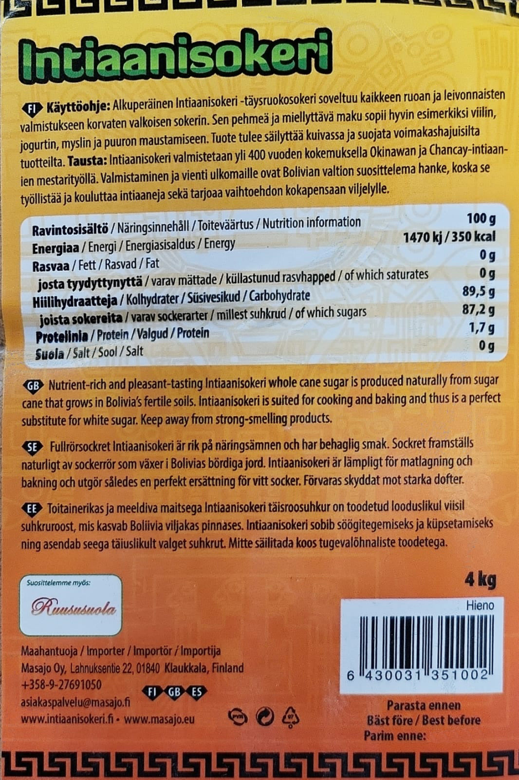 Intiaanisokeri hieno 4 kg (20kpl =80kg) (Osta jo nyt - *ennakkovarausten kanssa ruuhkaa)