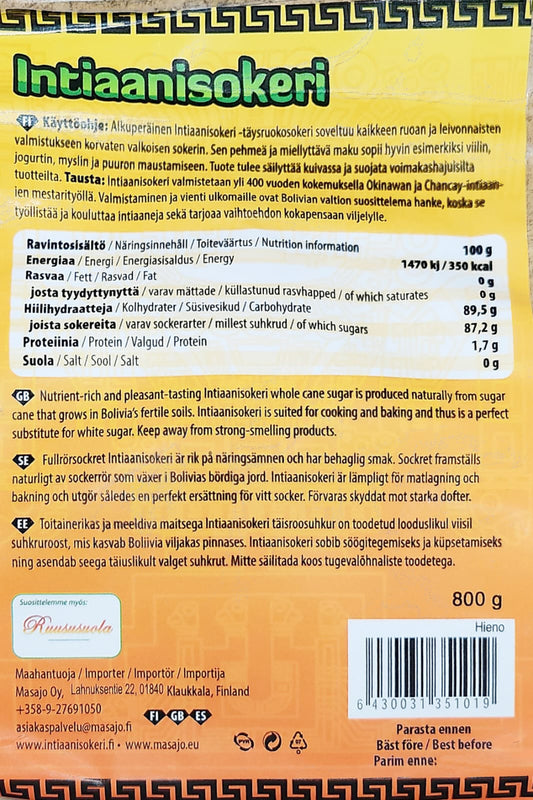Intiaanisokeri 800g purkki – aito täysruokosokeri Boliviasta